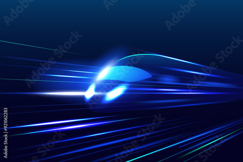 Futuristic High-Speed Train with dynamic motion on a dark blue color background. conveying speed and modern technology.