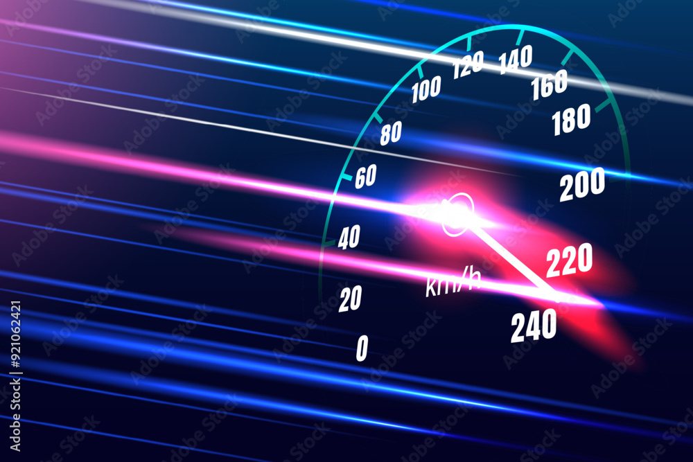 Speed motion with fast speedometer car on dark blue color background ...