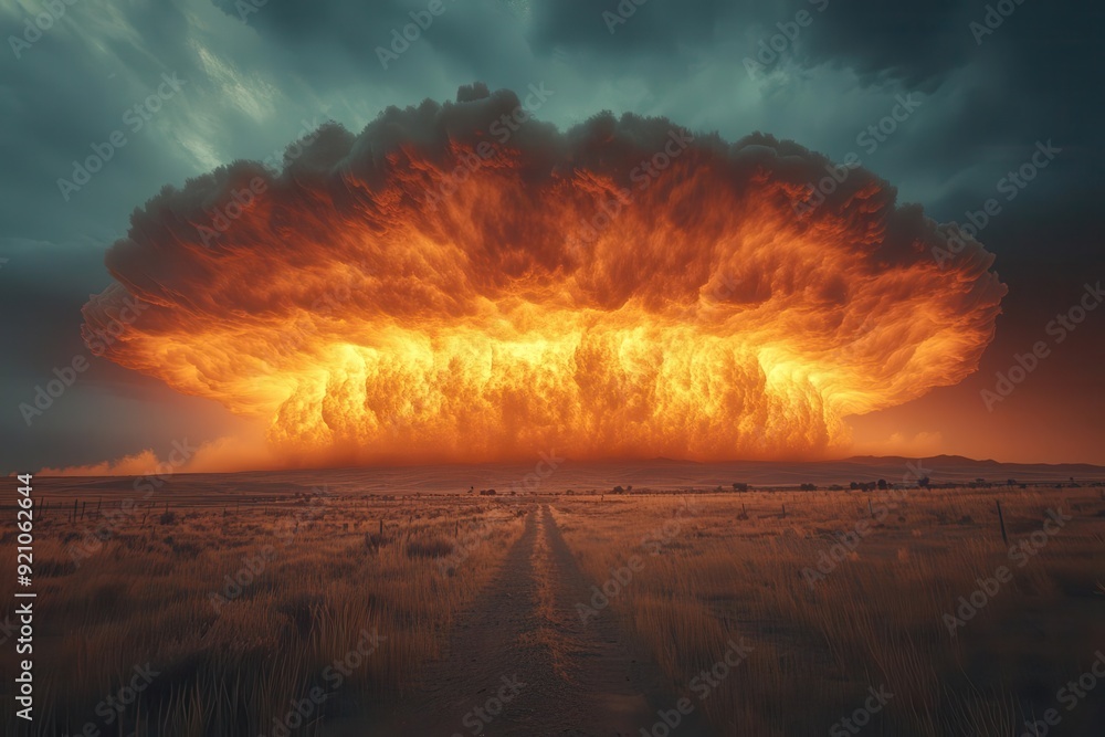 aweinspiring mushroom cloud rising from barren landscape intense orange glow billowing smoke patterns ominous beauty aweinspiring mushroom cloud rising from barren landscape intense orange glow billowing smoke patterns ominous beauty