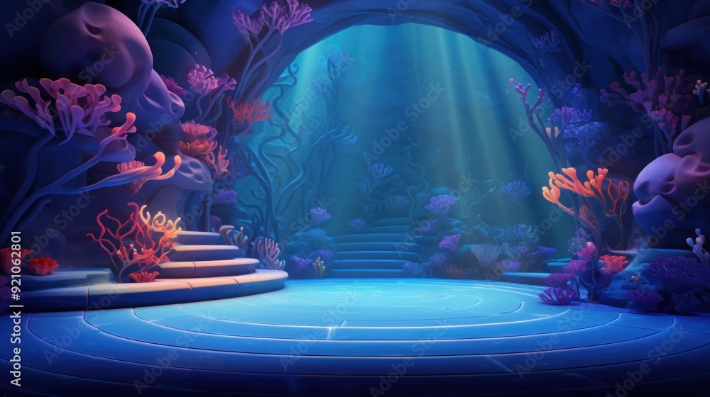 Fototapeta premium Underwater Scene with Steps and Circular Platform in a Cave.