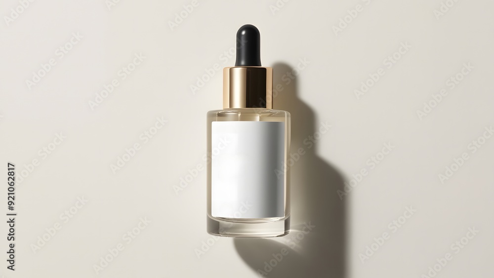 Serum cosmetics glass bottle with white empty label mockup on white background. Mockup of container with dropper. Serum cosmetics glass bottle with white empty label mockup on white background. Mockup of container with dropper.