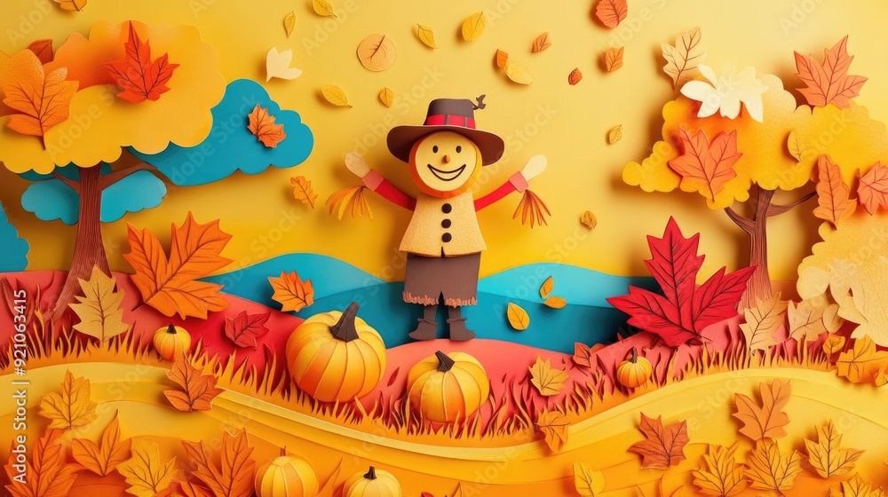 Naklejka premium Colorful 3D Whimsical Autumn Harvest Scene in Paper Cut Style