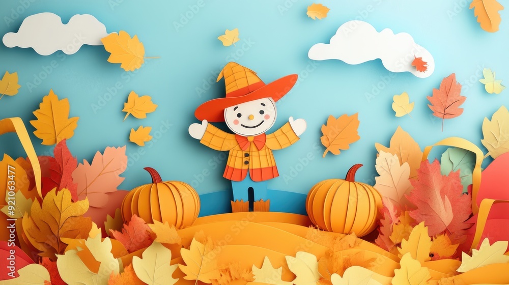 Fototapeta premium Colorful 3D Whimsical Autumn Harvest Scene in Paper Cut Style