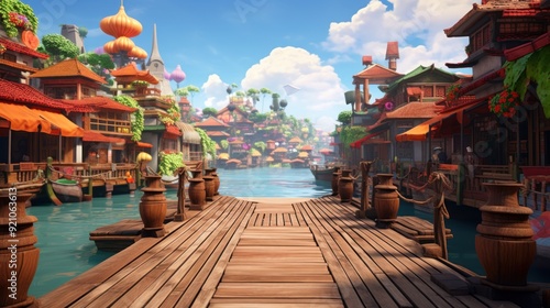 Wooden walkway leading into a canal with colorful cartoon buildings on either side.