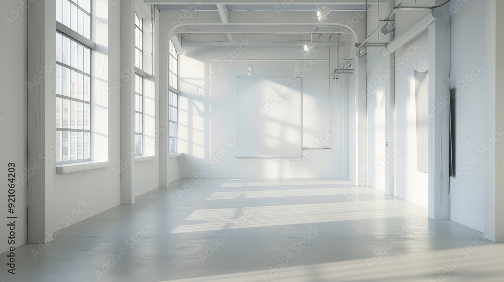 spacious loft with white walls and empty frame on the wall, mockup spacious loft with white walls and empty frame on the wall, mockup