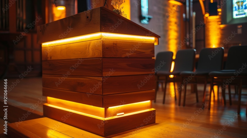 A wooden podium with integrated lighting, enhancing visibility and focus for speakers during evening events. A wooden podium with integrated lighting, enhancing visibility and focus for speakers during evening events.