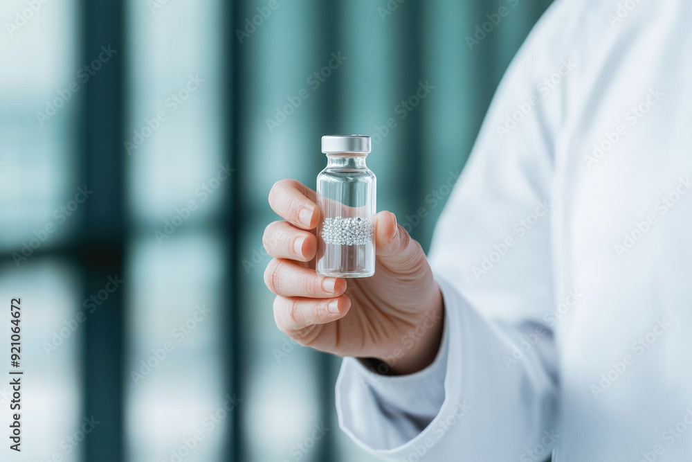 Pharmaceutical Research, a healthcare professional presents a clear vial containing a crystalline substance, symbolizing progress in medical innovation and treatment development. Pharmaceutical Research, a healthcare professional presents a clear vial containing a crystalline substance, symbolizing progress in medical innovation and treatment development.