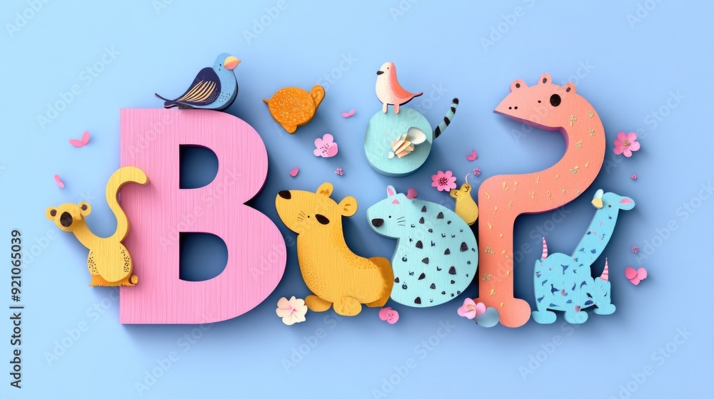 Letter B: Paper cut style illustration, colorful 3D whimsical, text Letter B: Paper cut style illustration, colorful 3D whimsical, text