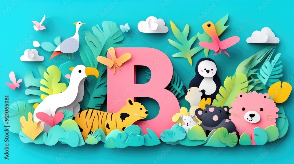 Naklejka premium Letter B: Paper cut style illustration, colorful 3D whimsical, text