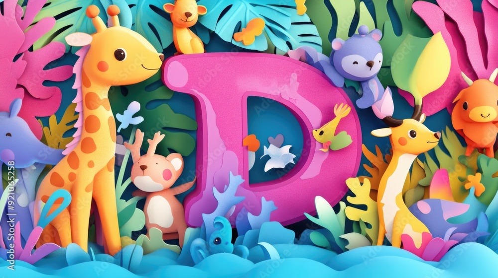 Letter D: Paper cut style illustration, colorful 3D whimsical, text Letter D: Paper cut style illustration, colorful 3D whimsical, text