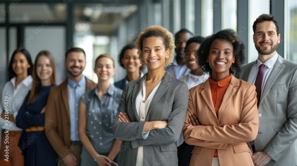 Group of business multiethnic people men and women looking cheerful at camera and smiling indoors. Company employees or group of staff standing in office confidently. Team work concept. Banner. Group of business multiethnic people men and women looking cheerful at camera and smiling indoors. Company employees or group of staff standing in office confidently. Team work concept. Banner.