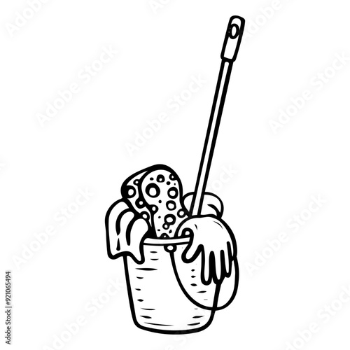 Bucket with house cleaning tools hand drawn doodle. Wiping off dust. Washing the floor. Laundry room. Mop, gloves, sponge, rag. Vector outline line art illustration.