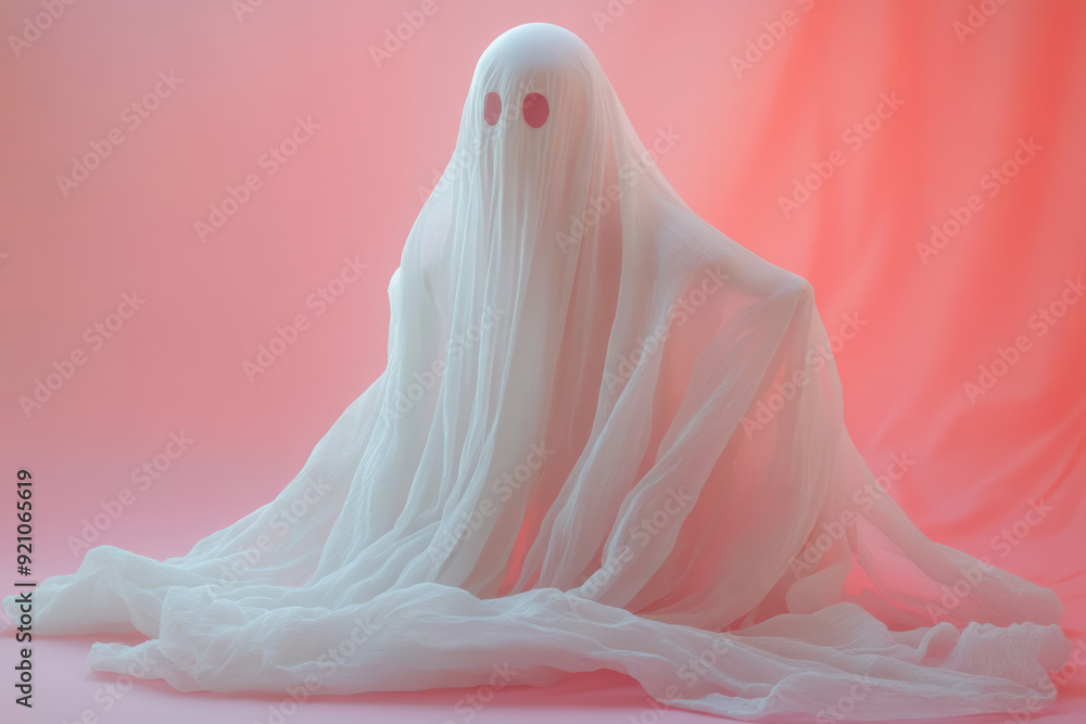 A spooky ghost made of a white sheet, hovering on a pastel pink background, A spooky ghost made of a white sheet, hovering on a pastel pink background,