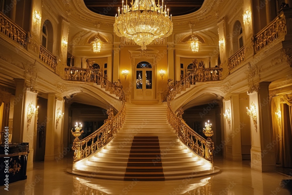 Obraz premium Grand Staircase with Ornate Gold Railing in a Luxurious Interior