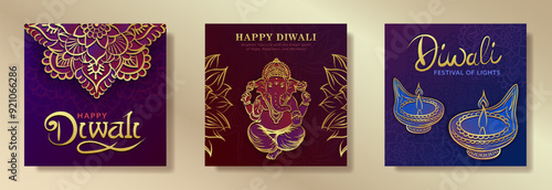 Set of red, blue and purple greeting cards for Diwali (Hindu festival of lights) featuring golden linear Diya (oil lamp), hand drawn Lord Ganesha and outline Mandala Rangoli. Dipavali square banners