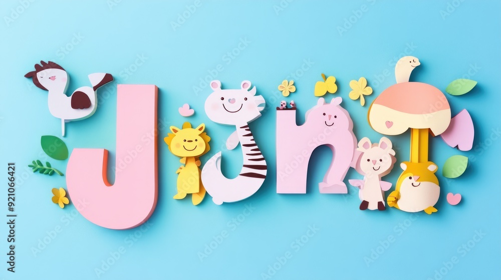 Letter J: Paper cut style illustration, colorful 3D whimsical, text Letter J: Paper cut style illustration, colorful 3D whimsical, text
