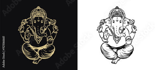 Golden and black line art of Lord Ganesha on a dark and white background. Hand drawn outline illustration of Hindu God ( Ganapati or Vinayaka) with elephant head. Indian mythology 