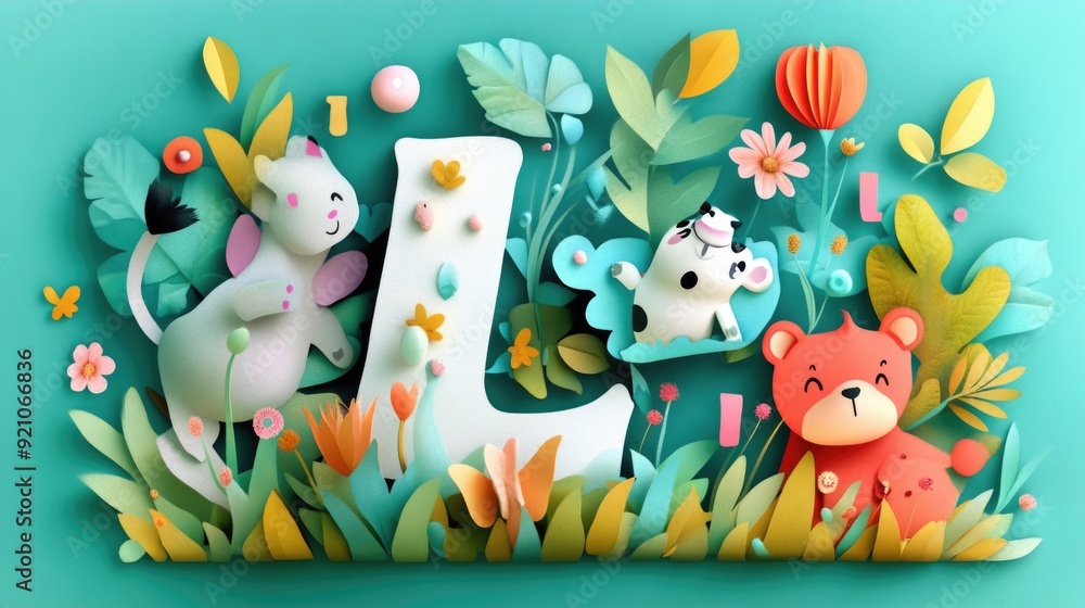 Letter L: Paper cut style illustration, colorful 3D whimsical, text Letter L: Paper cut style illustration, colorful 3D whimsical, text