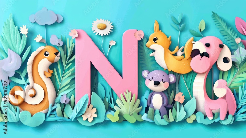Naklejka premium Letter N: Paper cut style illustration, colorful 3D whimsical, text 