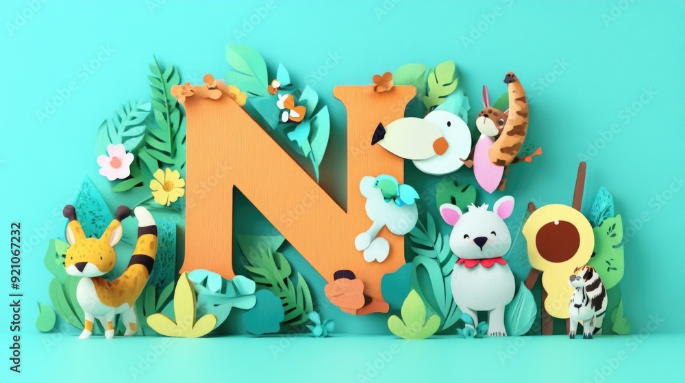 Letter N: Paper cut style illustration, colorful 3D whimsical, text Letter N: Paper cut style illustration, colorful 3D whimsical, text
