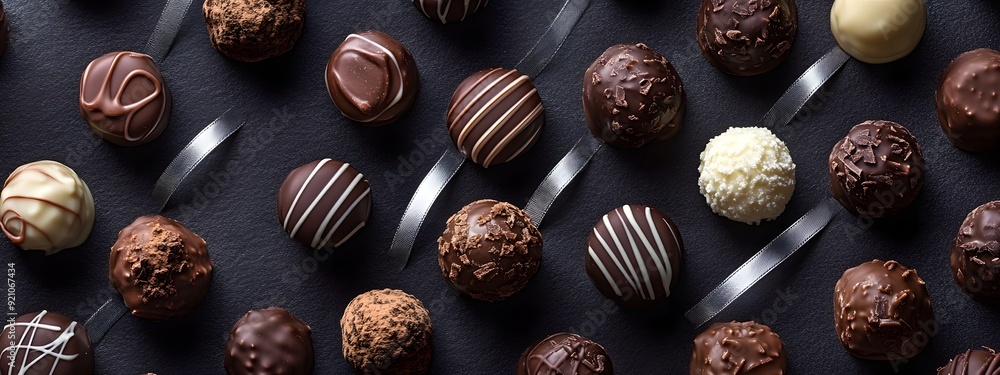 An array of chocolate truffles on a dark background, arranged in an aesthetically pleasing pattern with silver ribbon accents, shot from above for product photography An array of chocolate truffles on a dark background, arranged in an aesthetically pleasing pattern with silver ribbon accents, shot from above for product photography