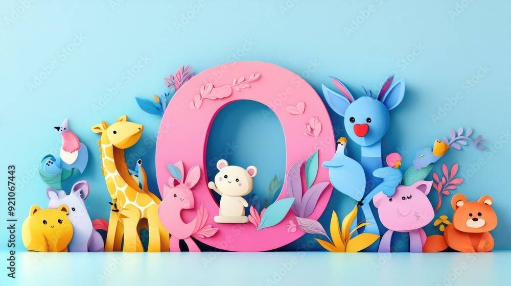 Obraz premium Letter O: Paper cut style illustration, colorful 3D whimsical, text 