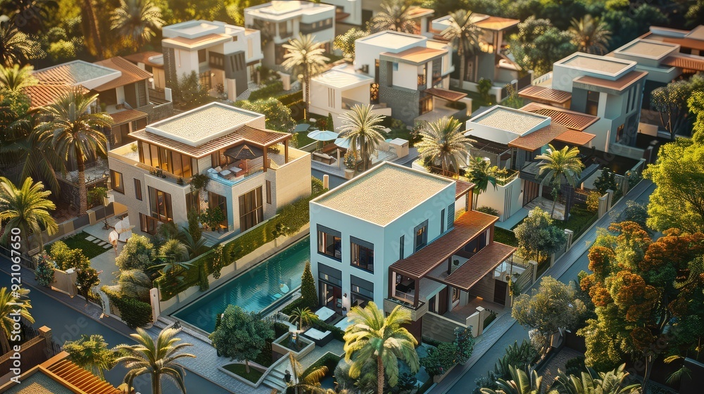 Fototapeta premium Aerial view of a luxurious suburban neighborhood with houses and palm trees.
