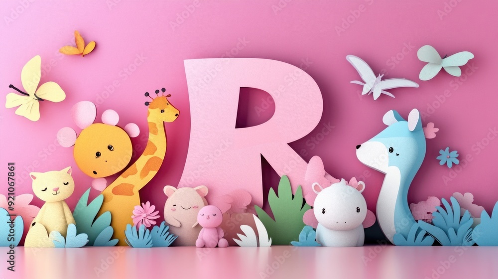 Naklejka premium Letter R: Paper cut style illustration, colorful 3D whimsical, text