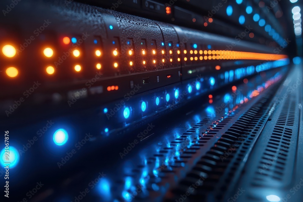 closeup of data center server racks blinking led lights intricate cable management cool blue tones hightech atmosphere closeup of data center server racks blinking led lights intricate cable management cool blue tones hightech atmosphere