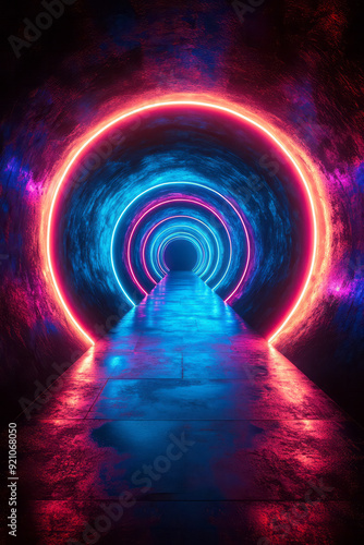 A vibrant neon circular pattern with alternating cyan and magenta rings, creating a pulsating glow against a dark background,