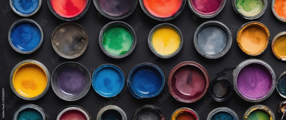A vibrant arrangement of watercolor paint jars, showcasing a rich palette for artistic creativity and inspiration. A vibrant arrangement of watercolor paint jars, showcasing a rich palette for artistic creativity and inspiration.
