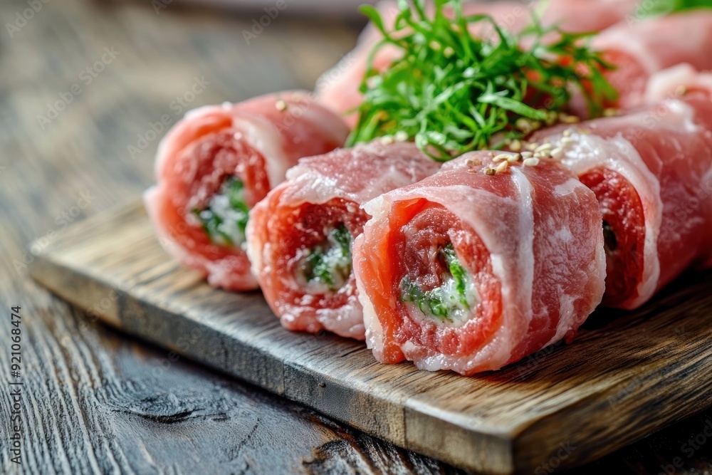 Close-up of Stuffed Meat Rolls on a Wooden Board Close-up of Stuffed Meat Rolls on a Wooden Board
