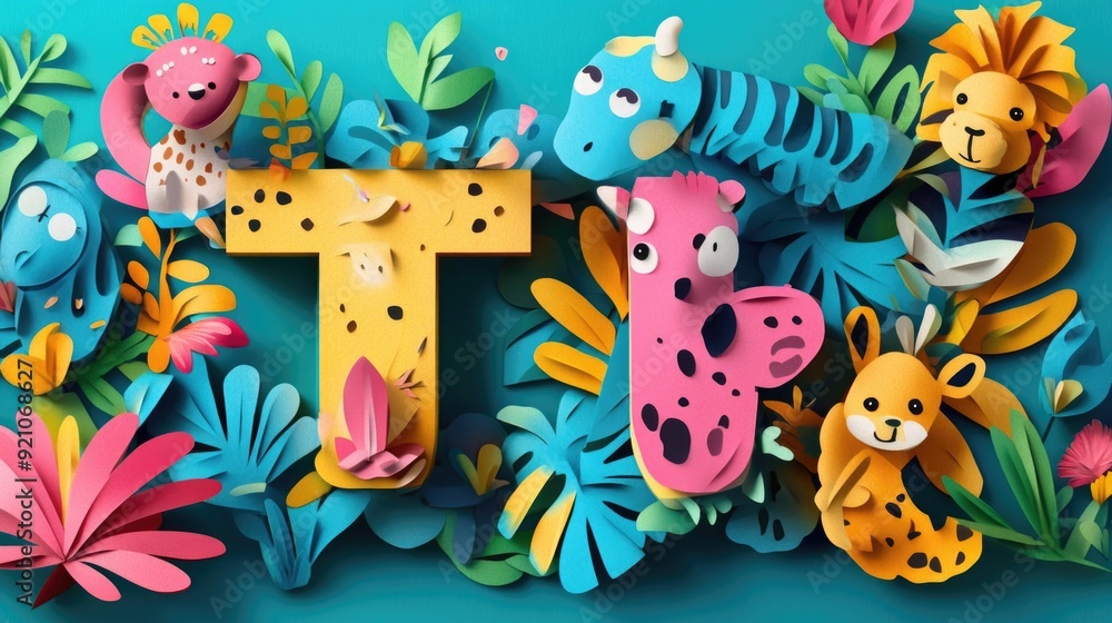 Letter T: Paper cut style illustration, colorful 3D whimsical, text Letter T: Paper cut style illustration, colorful 3D whimsical, text