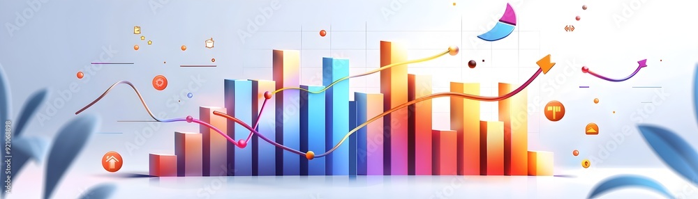 Fototapeta premium 3D Colorful Bar Chart Showing Success with Arrow and Lines.
