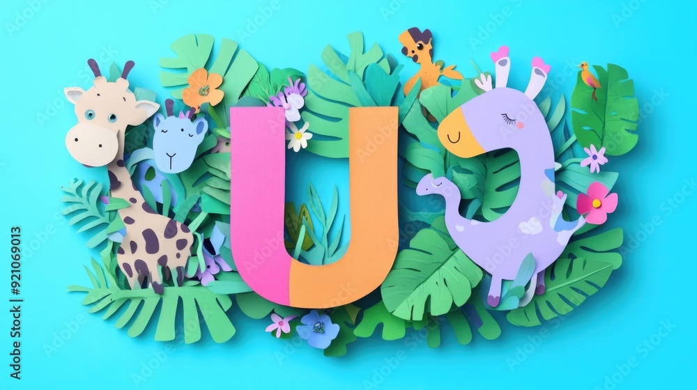 Obraz premium Letter U: Paper cut style illustration, colorful 3D whimsical, text 