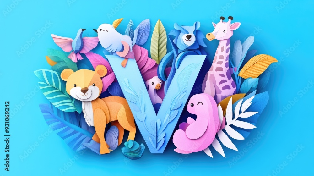 Letter V: Paper cut style illustration, colorful 3D whimsical, text Letter V: Paper cut style illustration, colorful 3D whimsical, text