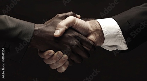 handshake white hand and black hand of businessman, international business, between African American and European, conclusion of a deal