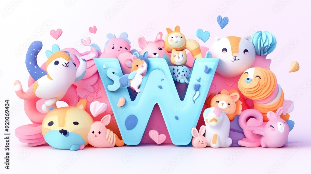 Letter W: Paper cut style illustration, colorful 3D whimsical, text Letter W: Paper cut style illustration, colorful 3D whimsical, text
