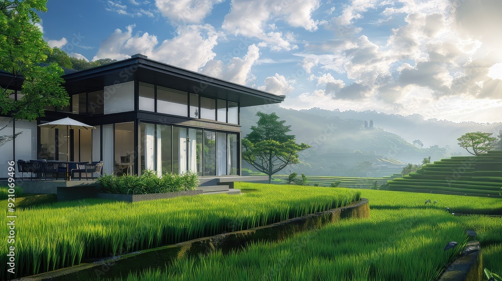 Modern house with large windows overlooking green rice paddies and mountains in the distance. Modern house with large windows overlooking green rice paddies and mountains in the distance.