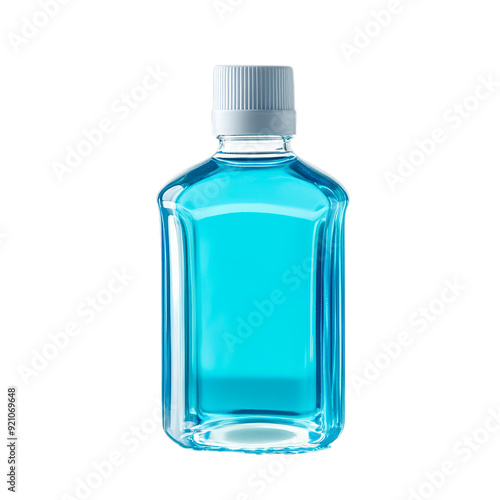 Premium container filled with a mouthwash pale blue liquid. generative ai