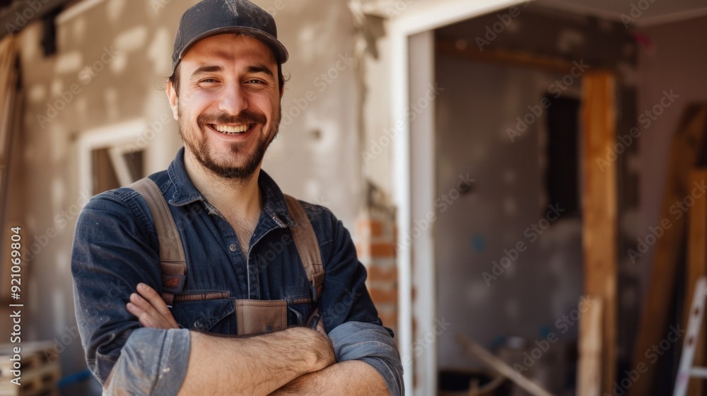 Portrait of a happy man, a skilled worker, standing and smiling while renovating a home. Handyman is dedicated to job, ensuring professional work and service with a happy demeanor. Portrait of a happy man, a skilled worker, standing and smiling while renovating a home. Handyman is dedicated to job, ensuring professional work and service with a happy demeanor.