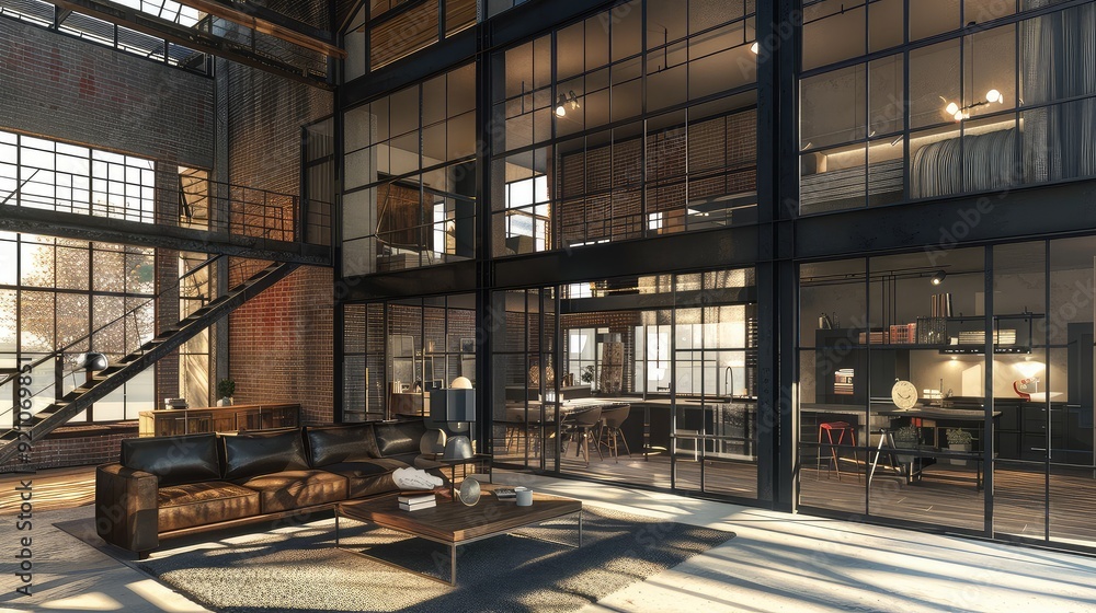 Modern loft apartment with large windows, exposed brick walls, and industrial design elements. Modern loft apartment with large windows, exposed brick walls, and industrial design elements.