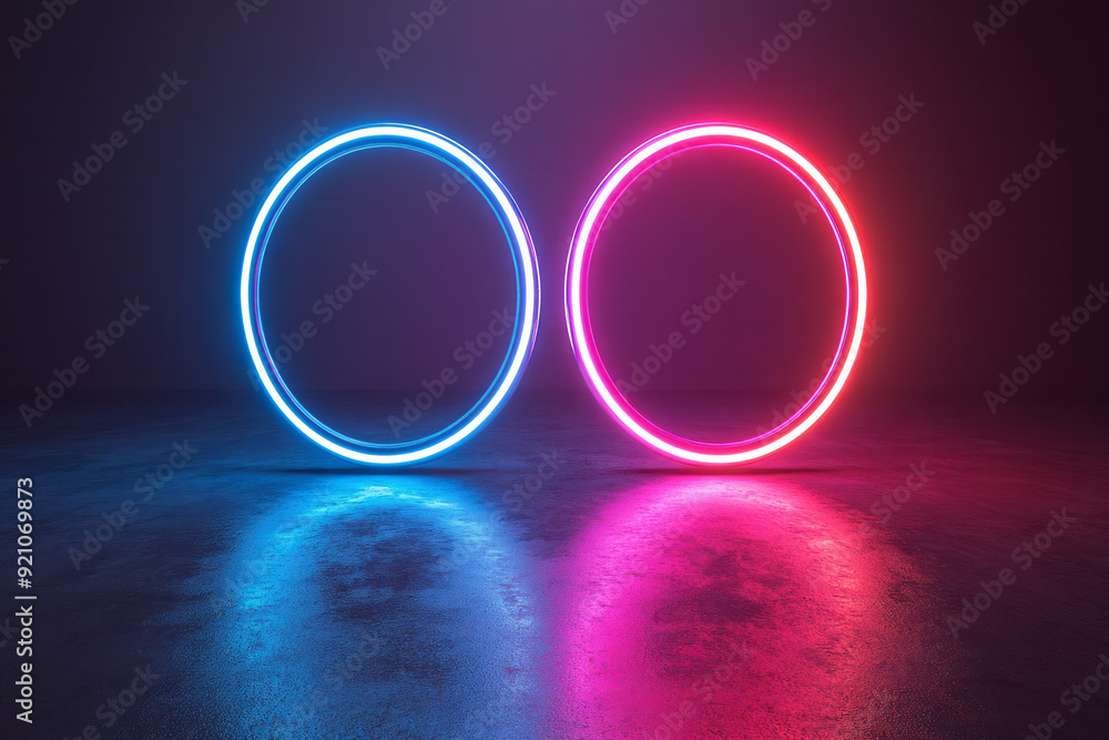 Symmetrical neon rings in cyan and magenta, perfectly aligned and glowing brightly against a deep black background, Symmetrical neon rings in cyan and magenta, perfectly aligned and glowing brightly against a deep black background,