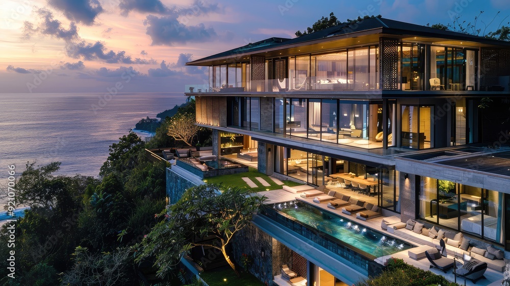 Modern luxury villa perched on a cliff overlooking the ocean at sunset. The house features a large pool, expansive windows, and a contemporary design. Modern luxury villa perched on a cliff overlooking the ocean at sunset. The house features a large pool, expansive windows, and a contemporary design.