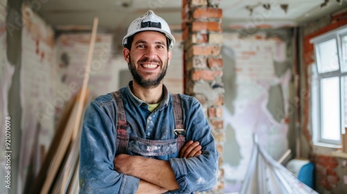 Portrait of a happy man, a skilled worker, standing and smiling while renovating a home. Handyman is dedicated to job, ensuring professional work and service with a happy demeanor.