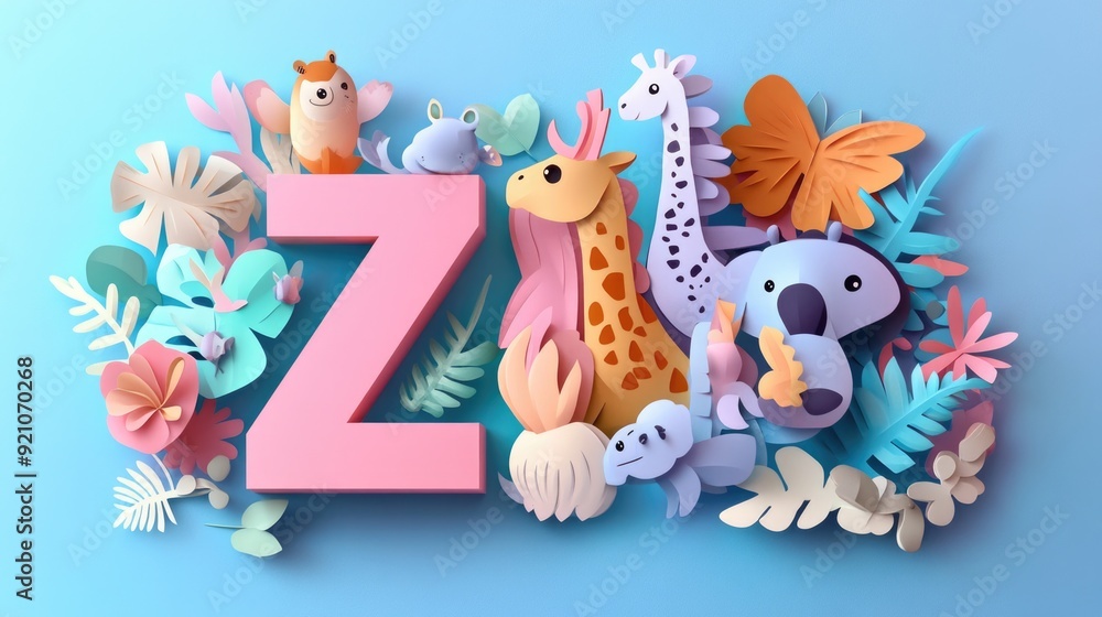 Fototapeta premium Letter Z: Paper cut style illustration, colorful 3D whimsical, text 