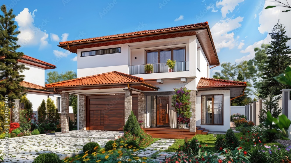 Modern two-story house with a garage, surrounded by a lush green lawn and beautiful landscaping. Modern two-story house with a garage, surrounded by a lush green lawn and beautiful landscaping.