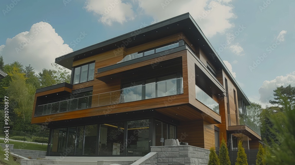 Fototapeta premium Modern wooden house with large windows and balcony, surrounded by lush green trees.