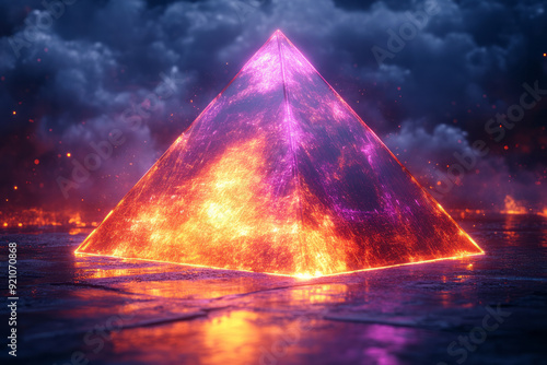 A gold pyramid with neon purple lines intersecting its faces, giving it a multi-dimensional, glowing effect,