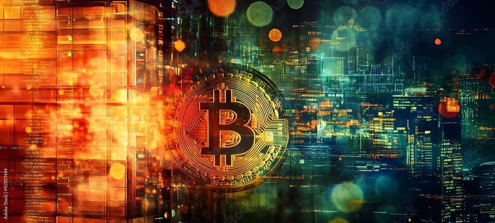 42. An abstract, artistic interpretation of Bitcoin is role in a digital financial revolution 42. An abstract, artistic interpretation of Bitcoin is role in a digital financial revolution